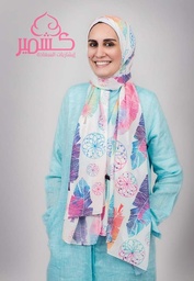 [Scarf patterned with turquoise, mauve, and fuchsia colors.] Scarf patterned with turquoise, mauve, and fuchsia colors.