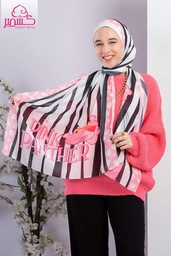 [ايشارب مستطيل عريض مطبوع - Print(12)(s55)]  Pink panther striped scarf in white and black with pink